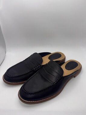 Sperry Black Leather Penny Loafer Mules with Tan Insole. Size 7.5